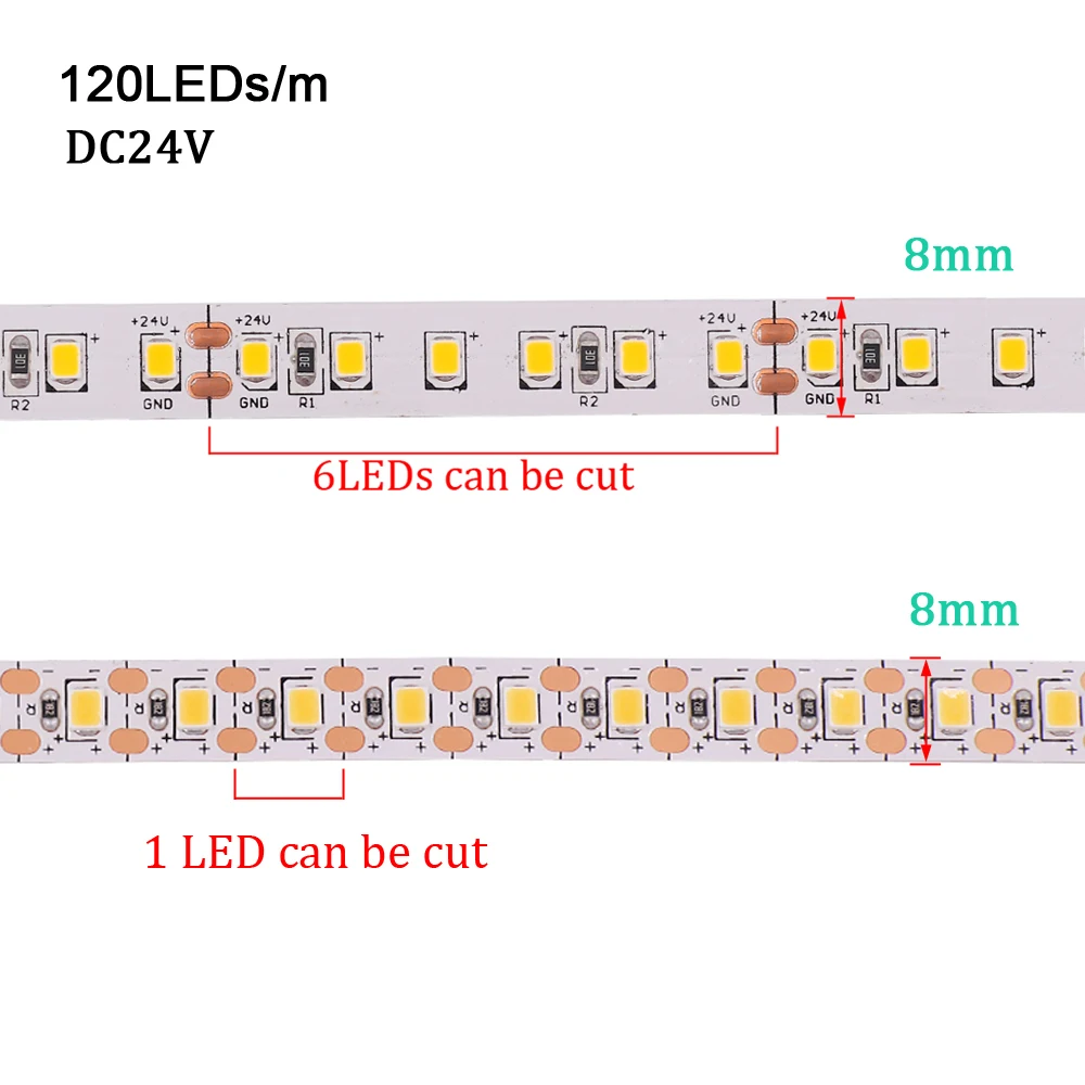 2835 LED 스트립 조명, 1LED 컷 다이오드 테이프 조명, 슈퍼 브라이트, 방수 불가, 따뜻한 화이트, Natraul 홈 데코, 24V, 10m, 120LED/m