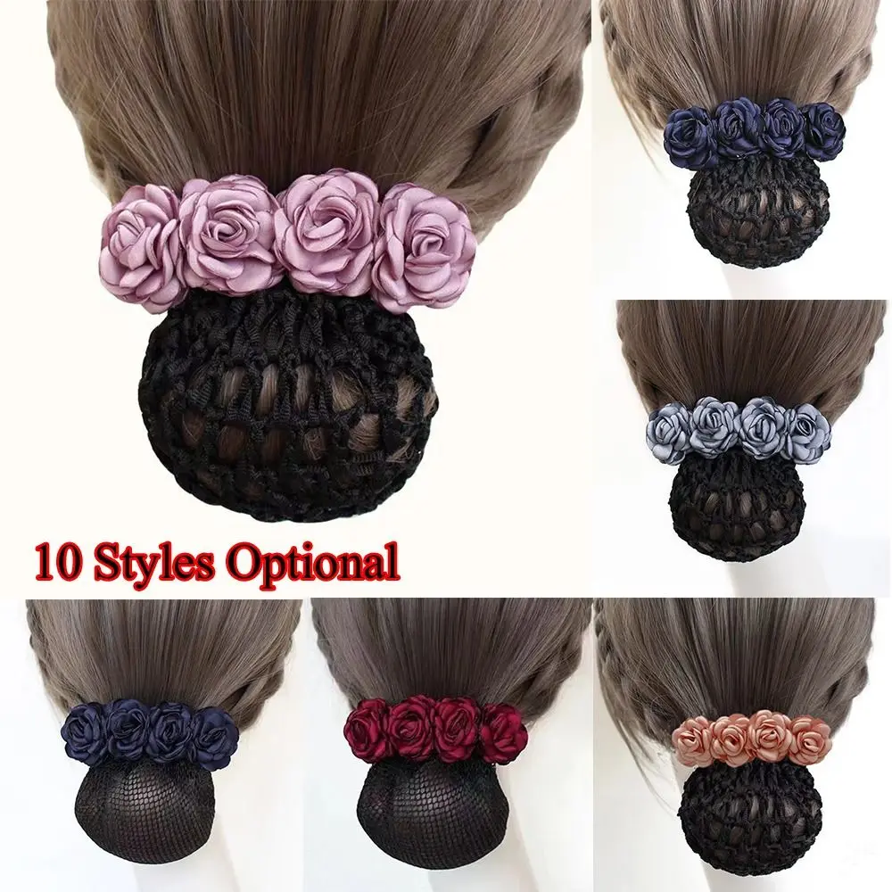 Women Hair Bun Cover Net Snood Hairnet Bow Barrette French Hair Clip Bow Ribbon Flower Hair Accessories for Banks Hotels Staff