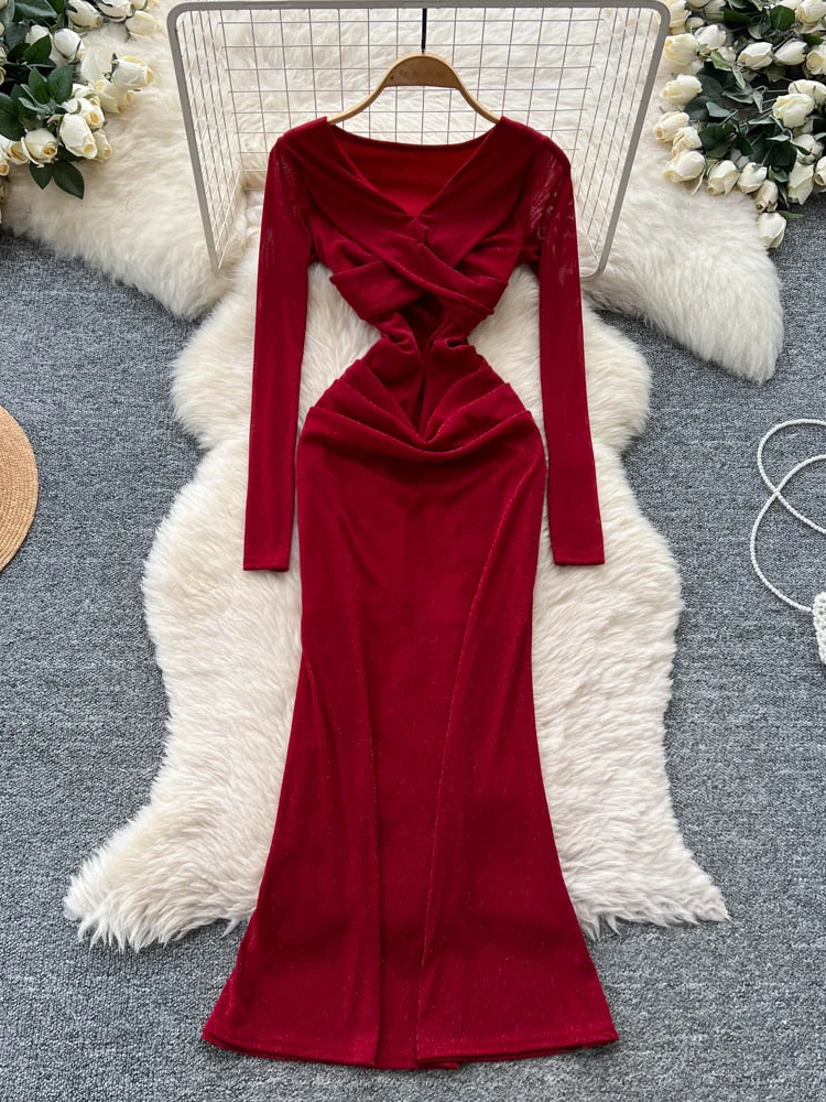 

2026 New Autumn Women V-neck Mesh Patchwork Long Sleeve Dress Cross Twisted Design High Waist Slim Elegant Long Dress