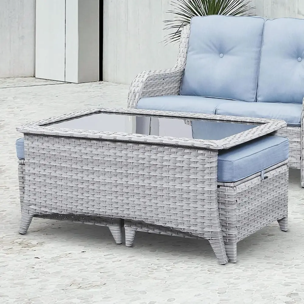 Outdoor Coee Table with Tempered Glass Top, Patio Recular Light Grey Wicker Table, Handwoven Rattan Coee Table Compatible with P