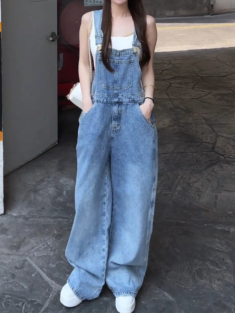 Lockere Denim-Overalls mit hoher Taille, Damen-Design, Cartoon-Druck, bodenlang, entspanntes Gefühl, Jeanshose für lässige Streetwear