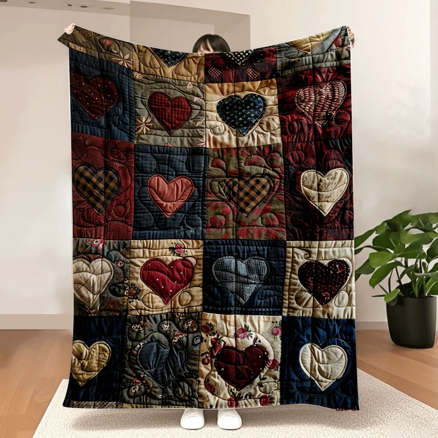 Ultra-weiche Flanelldecke mit Herz-Print - Leicht und tragbar für Reisen, Camping oder Bürogebrauch das ganze Jahr über. Patchwork-Steppdecke