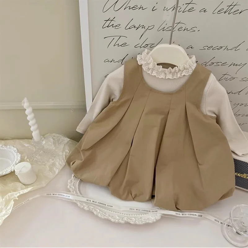 

01-Girls Suit2025Autumn Korean Children's Clothing for Girls, Stylish Flower Bud Vest Dress with Lace CollarTT-shirt and Top Set