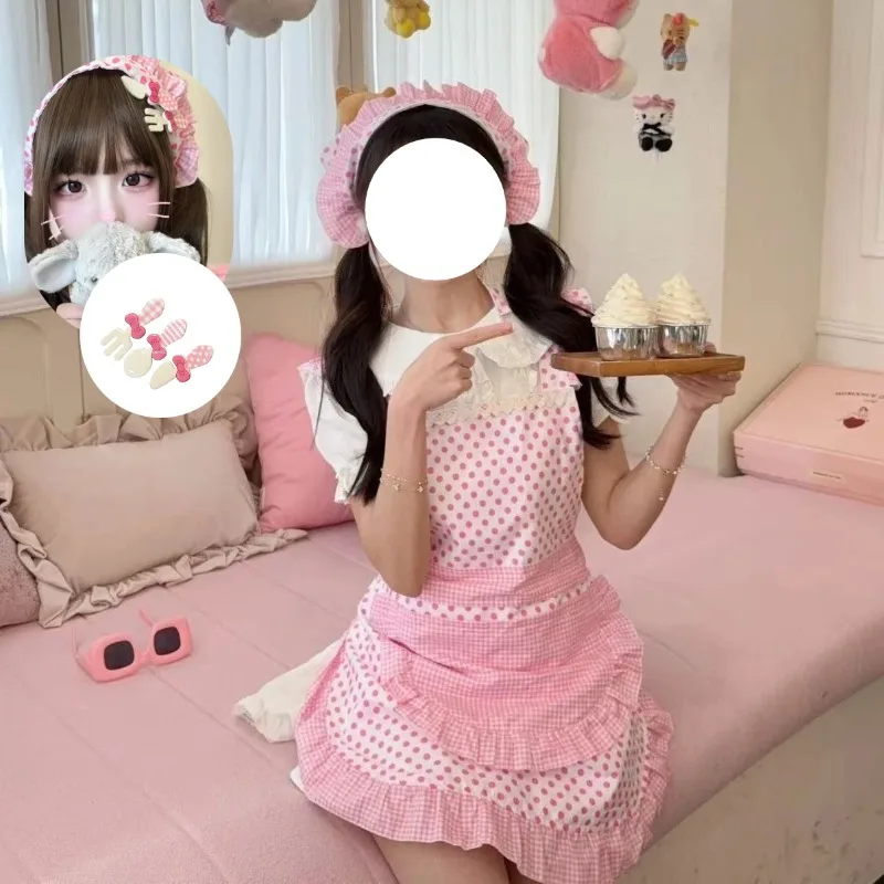 

Милый маленький фартук в стиле Лолиты, платок, карнавальный костюм, розовый кавайный кружевной фартук в горошек с рюшами для фотографии, милое мини-платье