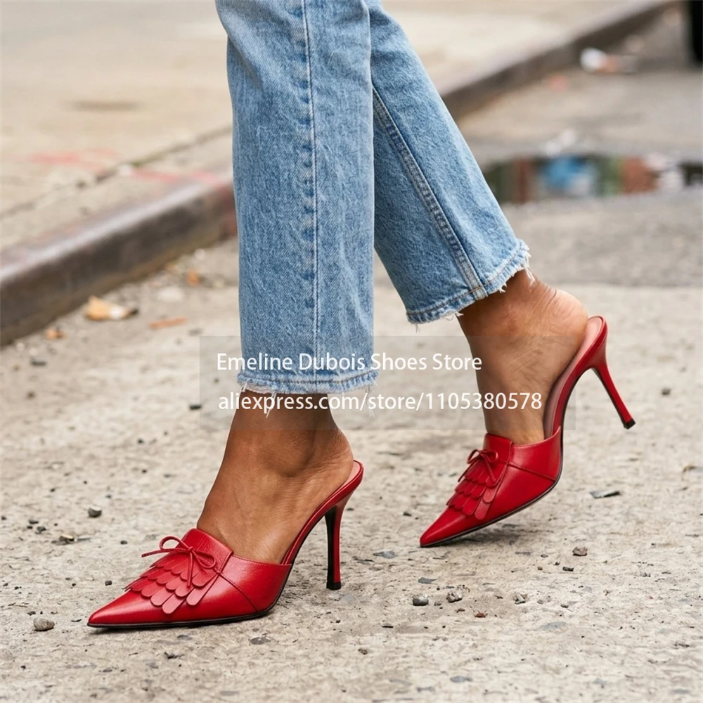 Leather Fringe Mules Bow Pointed Toe Stiletto Mules Slip on High Heel Pumps Sexy Elegant Party Nightclub Banquet Dress Summer