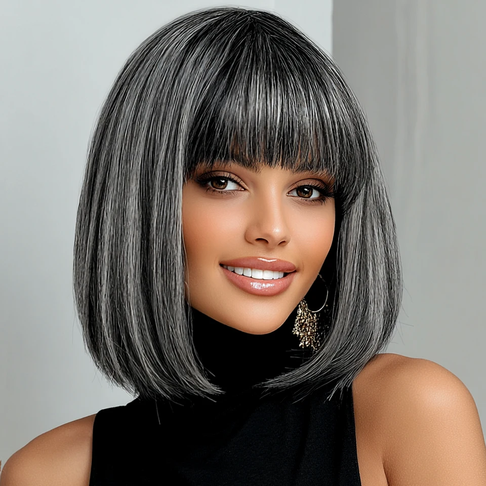 

Debut Gray Salt and Pepper Short Straight Bob Human Hair Wigs For Women Brazilian Remy Hair Full Machine Made Mom 10" Wigs