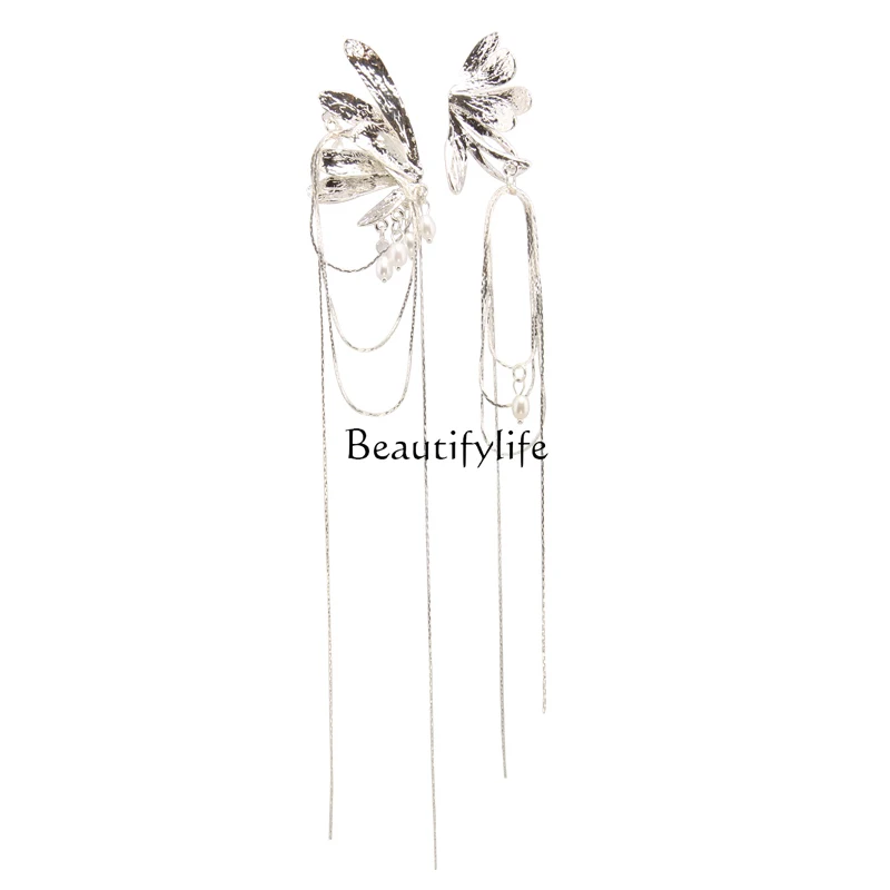 

Metal pleated fringed earrings butterfly wings asymmetrical flower stud earrings