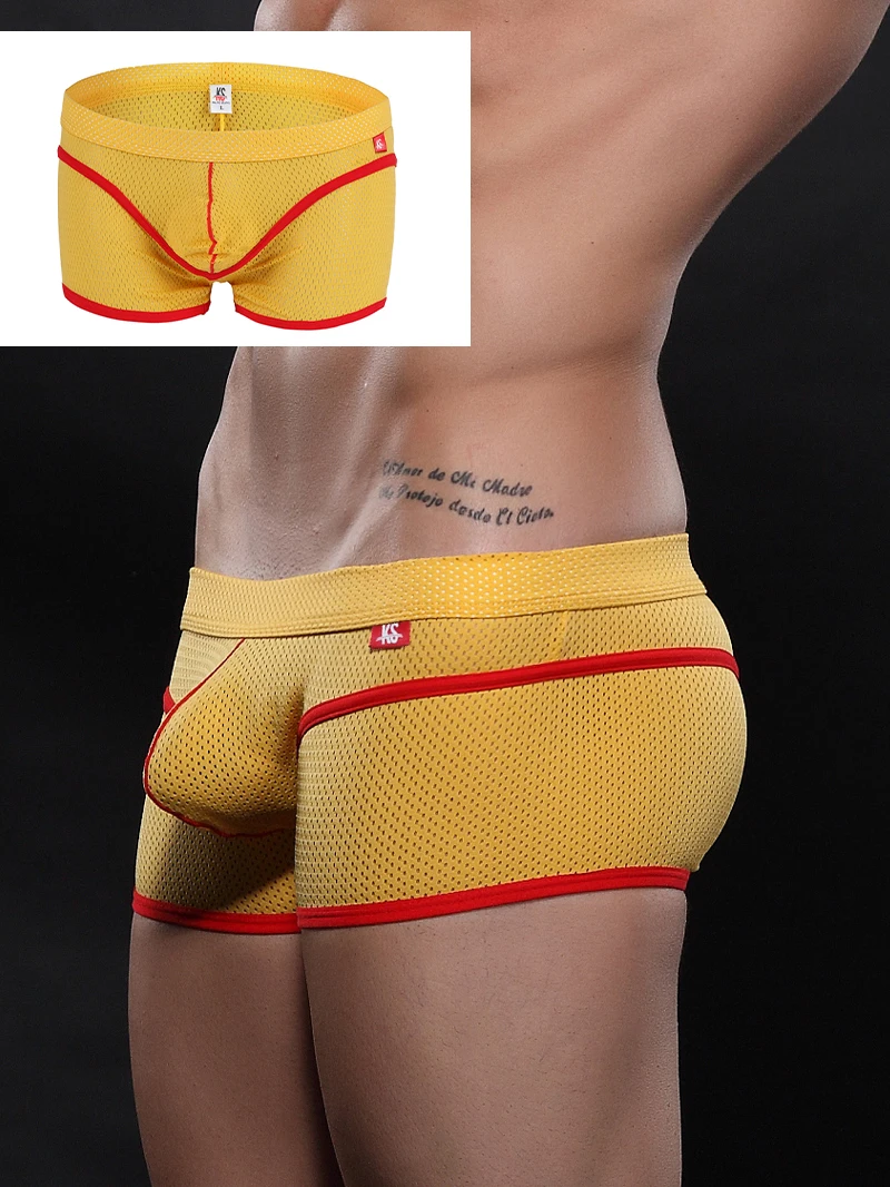 Men Mesh Breathable Boxer Briefs Contrast Red Trim Low Rise Quick Dry Sports Underwear Soft Stretch Summer Underpants 1PC