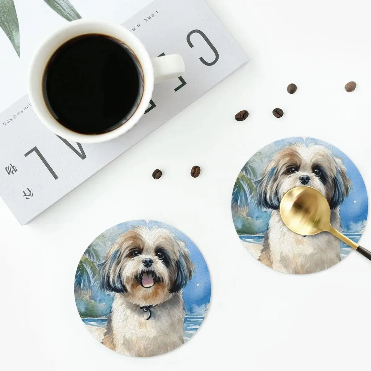 Shih Tzu On The Beach Coasters PVC Leather Placemats Non-slip Coffee Mats for Home Kitchen Dining Pads Set of 6