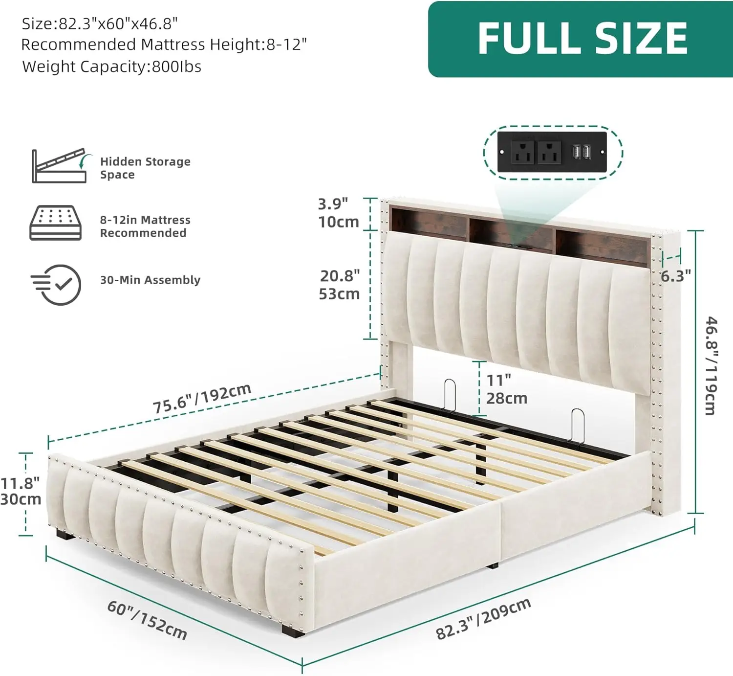 إطار سرير للتخزين مع محطة شحن سرير بمنصة منجدة مخملية مع أضواء RGB LED للتخزين اللوح الأمامي Wingback R