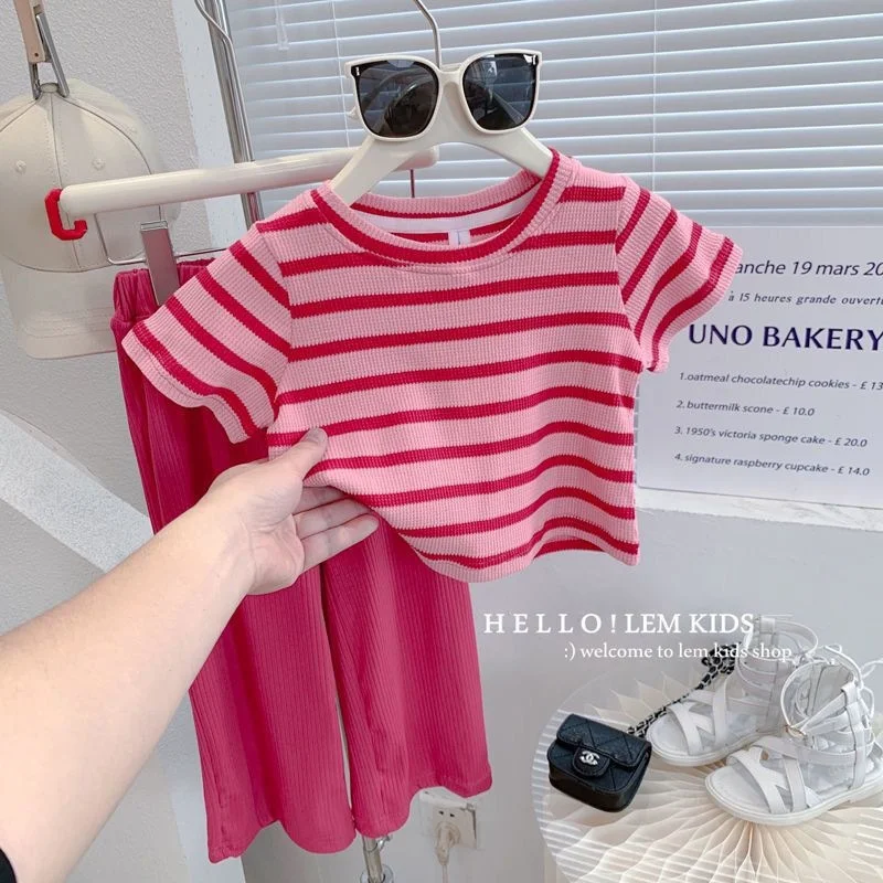 Girls Cute Suit Children Round Neck Short Sleeve Top Set Summer New Baby Fashion Striped Clothing Wide Leg Pants Two-Piece 2-10Y