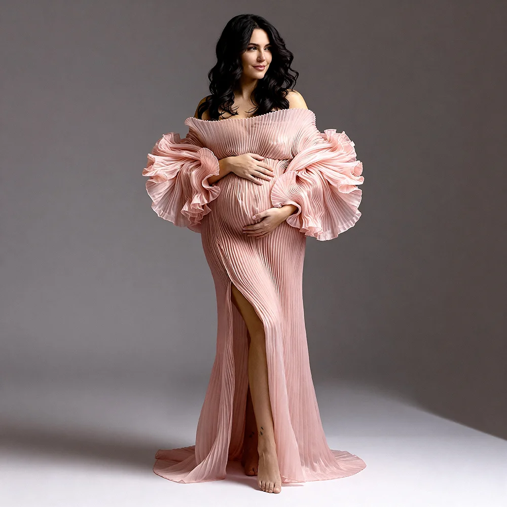 Pregnancy Shooting Dress Organza Pleated Maternity Dress for Photoshoot Plus Size Pregnancy Photography Gown Baby Shower Dress