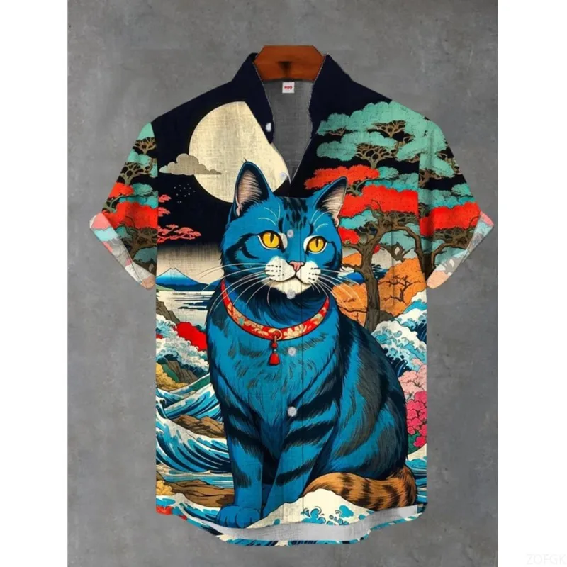 

2025 Men's Linen Casual Shirt Fashionable Wave Printed Harajuku Shirts Summer Holiday Party Hawaiian Shirt Men's Style