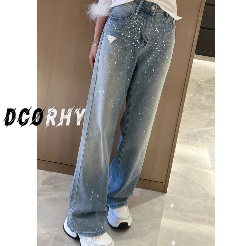 

Heavy Industry Hot Diamond Casual Straight Leg Jeans Women 2024 Spring Summer New Pear Shaped Fat Mm Look Thin Fashion Pants