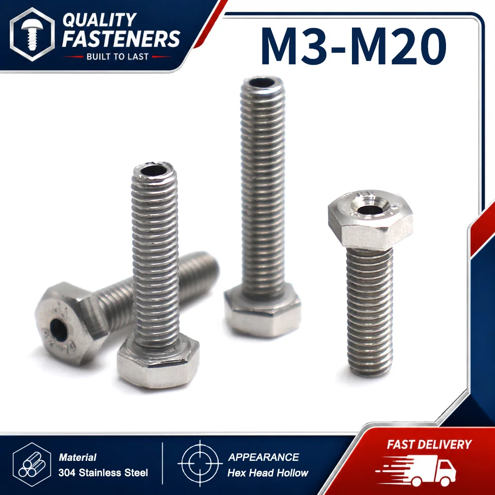 304 Stainless Steel External Hex Hollow Bolts Through Hole Perforated Hollow Screws With Hole M4-M20