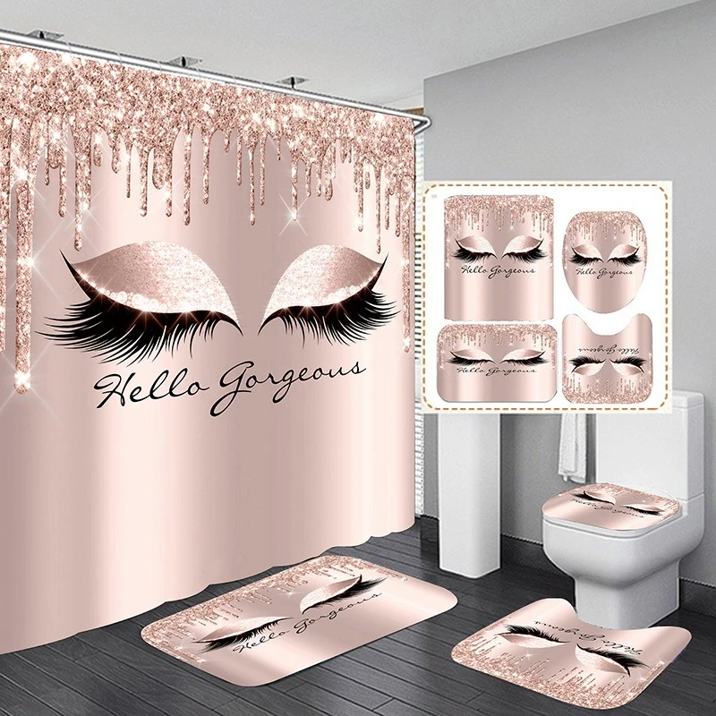 4pcs/set 3D Printed Shower Curtains, Eyelash Shower Curtain, Bathroom Non Perforated Partition Curtain, Toilet Floor Mat Set