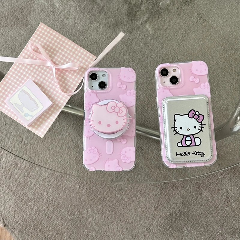 Cute Pink Hello Kitty Magsafe Wireless Charge Phone Case For iPhone 11 14 13 12 15 Pro Max Magnetic Wallet Bracket Cover