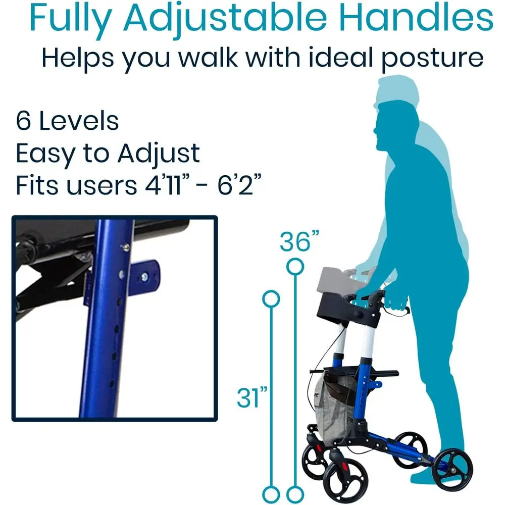 رولیتر قابل للطي بأربع عجلات مع مقعد وحقيبة - مساعد على التنقل من الألومنيوم للبالغين وكبار السن والمعاقين (أزرق) #4