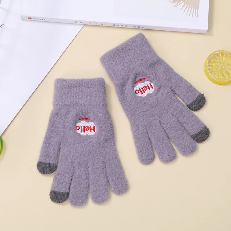 Winter Warm Funny Thickened Touchscreen Gloves with Embroidered Cute Cartoon Smiling Face for Women