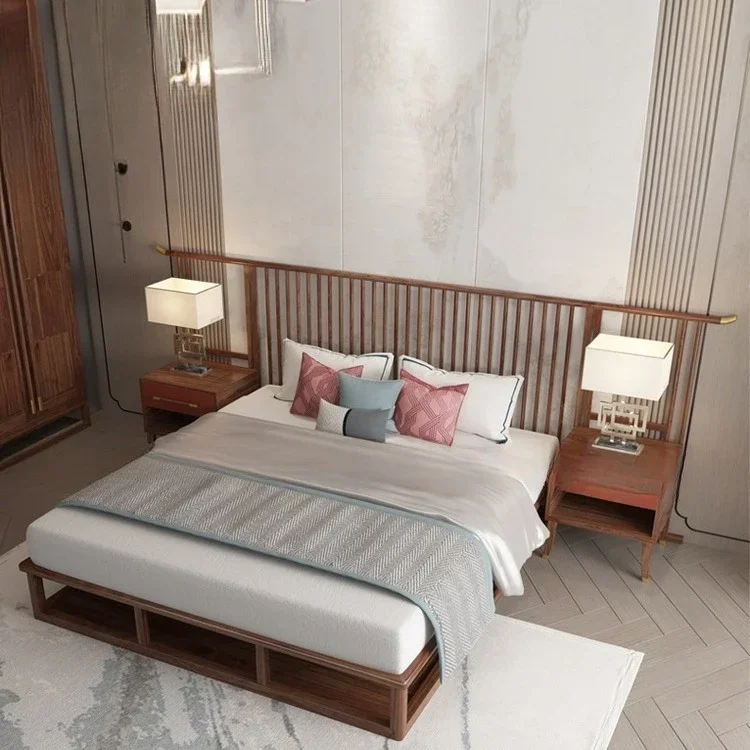 Modern simple pure soli d wo od doub le be d w rdrobe combinati n villa hotel be droom walnut full set