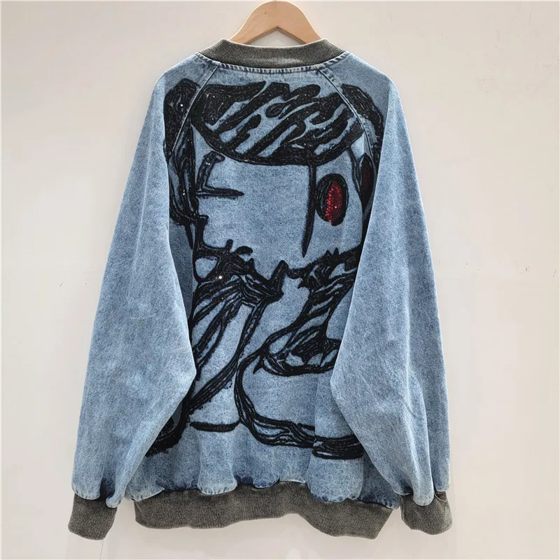 Trendy Brand Abstract Diamond Drills Embroidered Jacket Women's 2025 Autumn Loose Casual Versatile Zipper Long-sleeves Top Coat