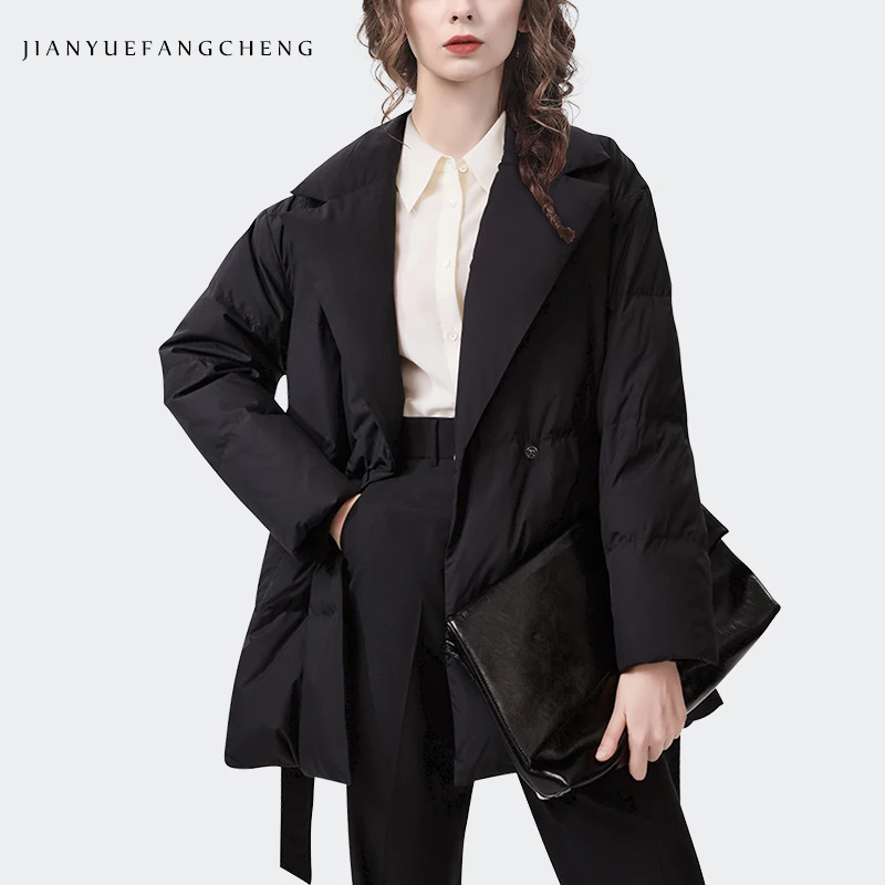 

Elegant Suit Collar Women' Suit Collar Black Down Jacket Warm Thick Winter Coat Mid-Length Loose Plus Size Casual Office Jackets