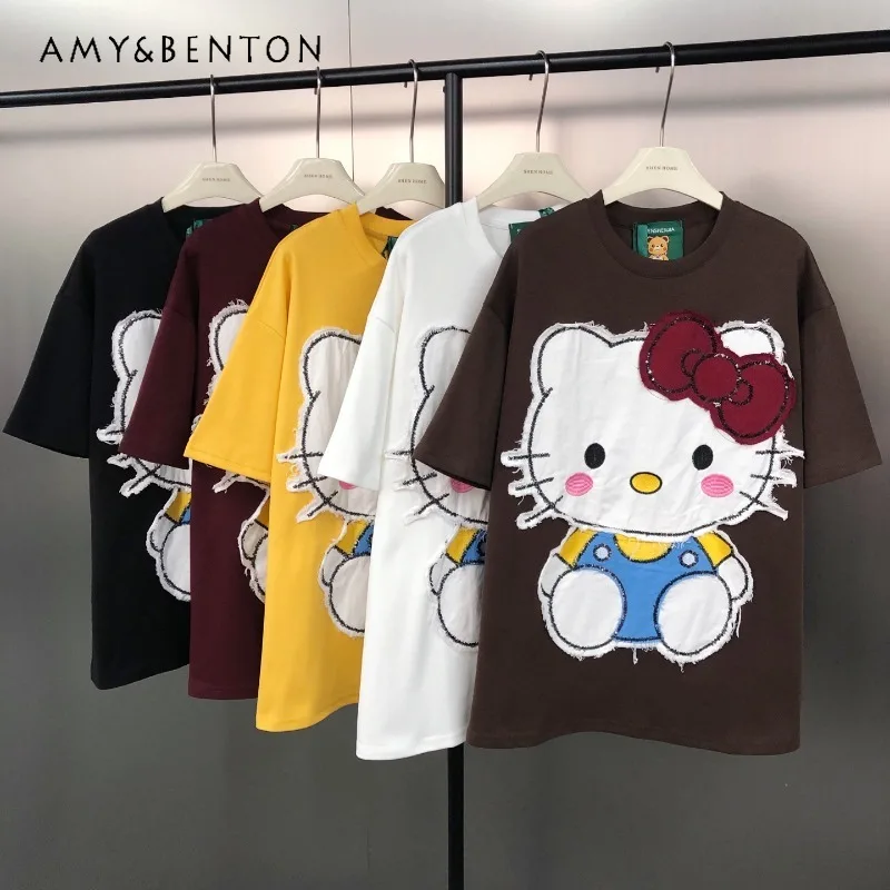 

Korean Style Versatile Tshirts Cute Cartoon Sequin Patch Embroidery Loose Fit New Short Sleeves Pullover Kawaii Clothes T-shirt