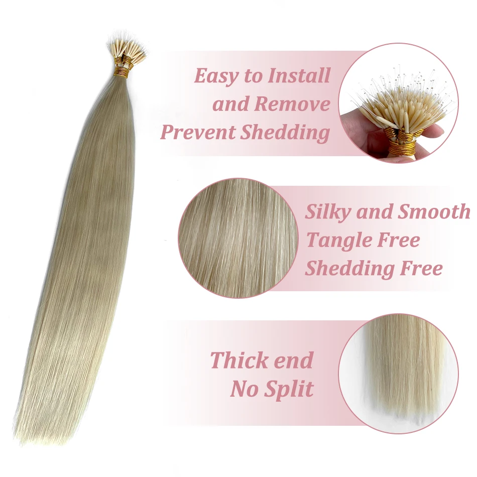 Elastic Ring Links Remy Human Hair Extensions 14-28 Inch Keratin Straight European Nano Tip Real Human Hair 16 Colors Available