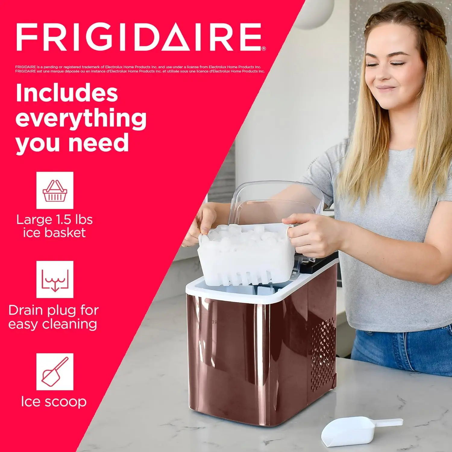 FRIGIDAIRE-Machine à glaçons avec seau en acier inoxydable, capacité de 26 lb, machine à glace, 9 cubes par 7 à 15 apprentis