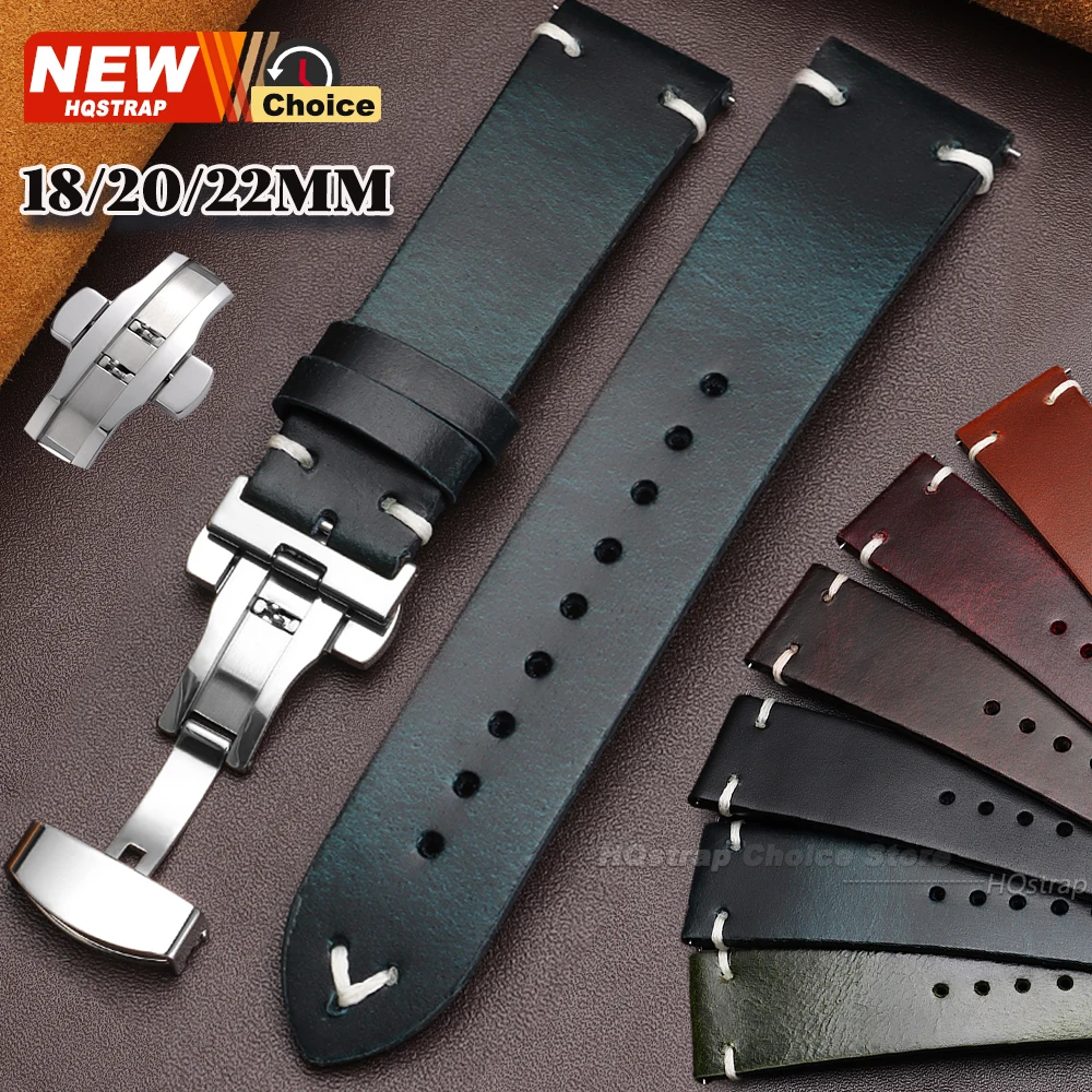 Butterfly Buckle Handmade Retro Watchbands 18mm 20mm 22mm Oil Wax Strap Pin Clasp Bracelet Stitching Watch Band Quick Release