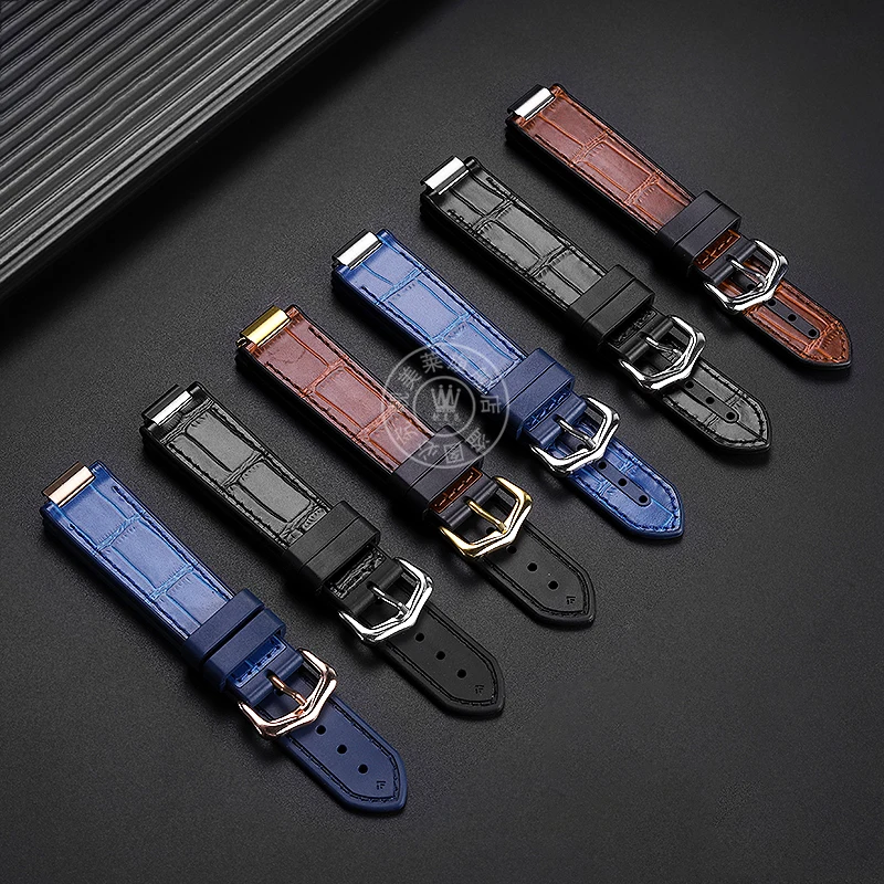 Leather Rubber Sole Watch Strap  For CARTIER BALLON BLEU Soft And Breathable Black Blue Brown  cowhide  Watch Band