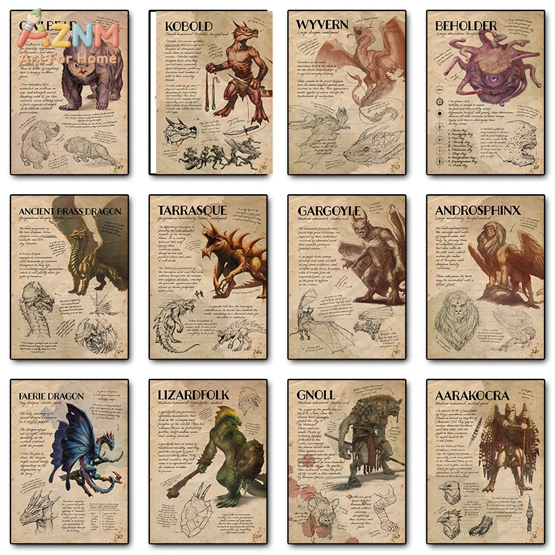AZNM Vintage D&D Monster Field Guide Canvas Wall Art Fantasy Creature Owlbear Beholder Dragon Print Unframed Aesthetic Poster fo