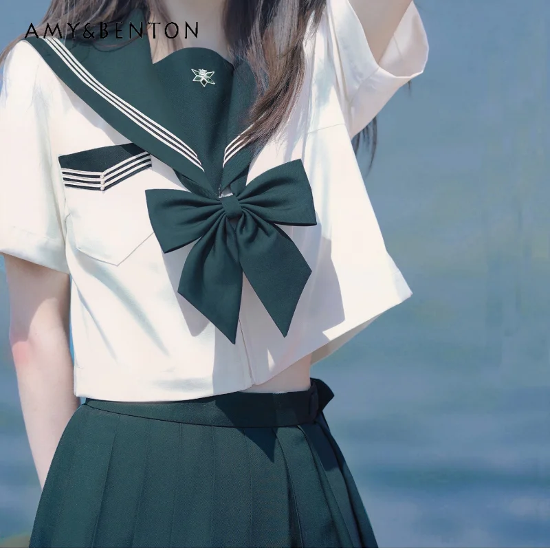 

Japanese JK Uniform Sailor Suit Preppy Style Summer Green All Match Figure Flattering Short Sleeves Top Pleated Skirt Set Female