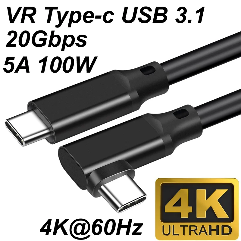 0.2m/1m/2m/3m/ USB C to Type C Data Cable 90 Degree Angle VR Link USB 3.2 3.1 Gen2 20Gbps 4K@60Hz 100W PD Fast Charging Cord