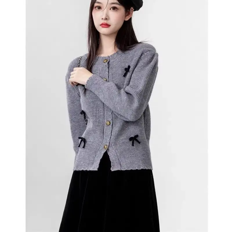 2024 Autumn New Puff Sleeve Bow Knitting Cardigan Women Clothing Fashion All-match Sweater Female Sweet Buttons O-neck Top Tee