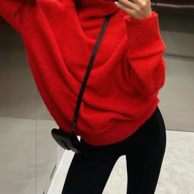 Lazy Style Turtleneck Pullover Sweater for Women 2026 Autumn and Winter Christmas Red Loose Stand-up Collar Thickened Sweater