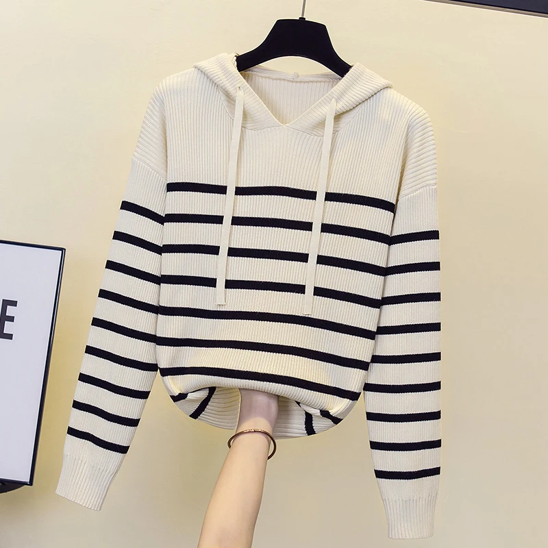 Large Size 2022 Women Hooded Cashmere Sweater Autumn Winter Knitted Top Stripes Long Sleeve Lady Oversized Pullover For Female