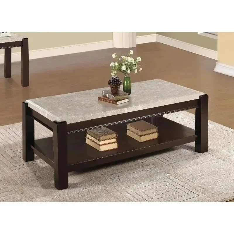 

Coffee table with convertible marble top and dark cherry finish wood frame for living room furniture