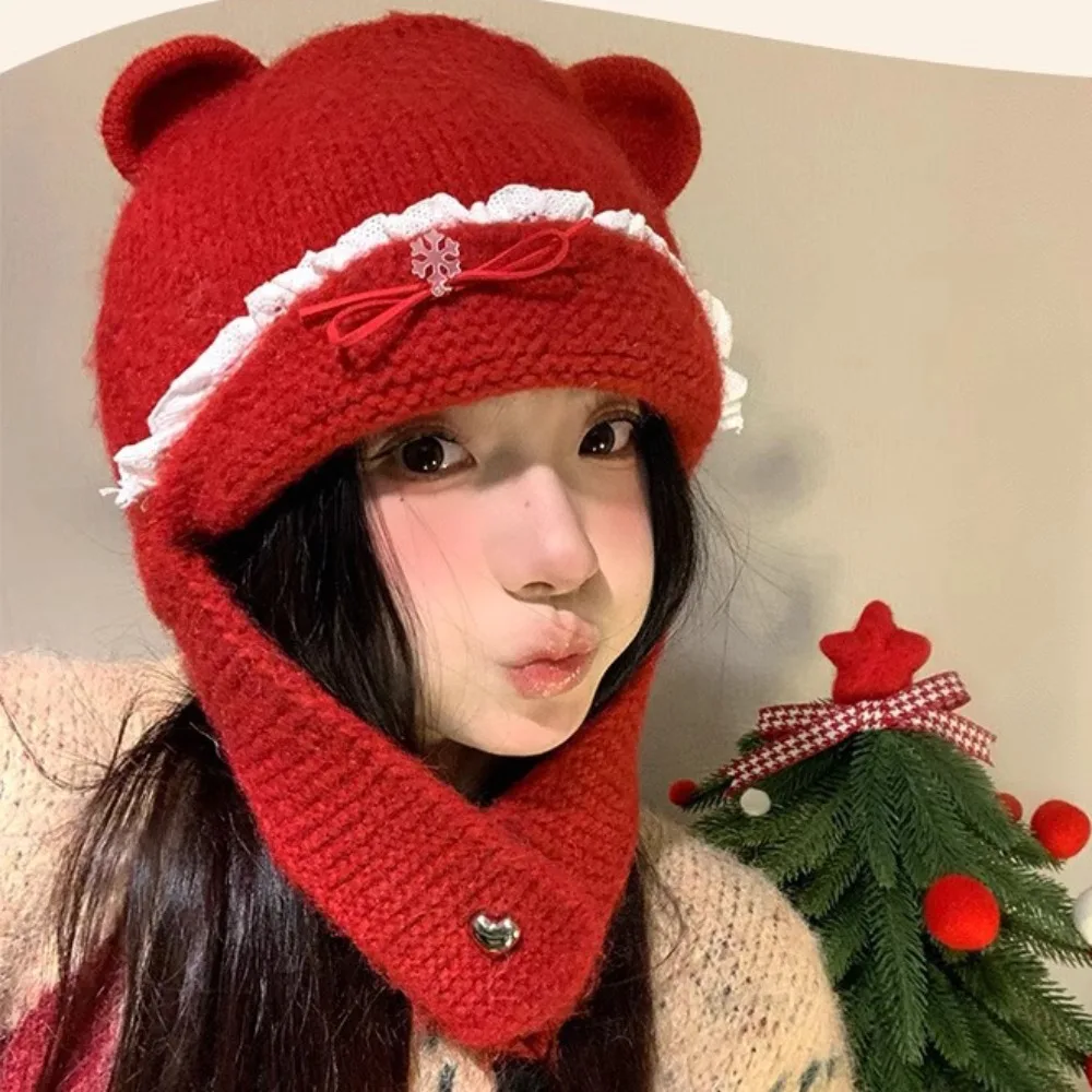 

Casual Sweet Bear Ear Knitted Hat Bow Keep Warm Neck Collar Beanies Cap Neck Protector Coldproof Pullover Cap Autumn