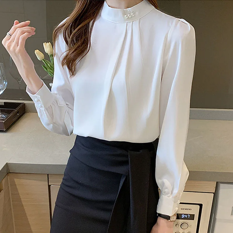 Korean Version Autumn New Women Blouse Long Sleeve Stand Collar Pearl Chiffon Grace Fashion Blouse Shirt Women Tops Blusas D13