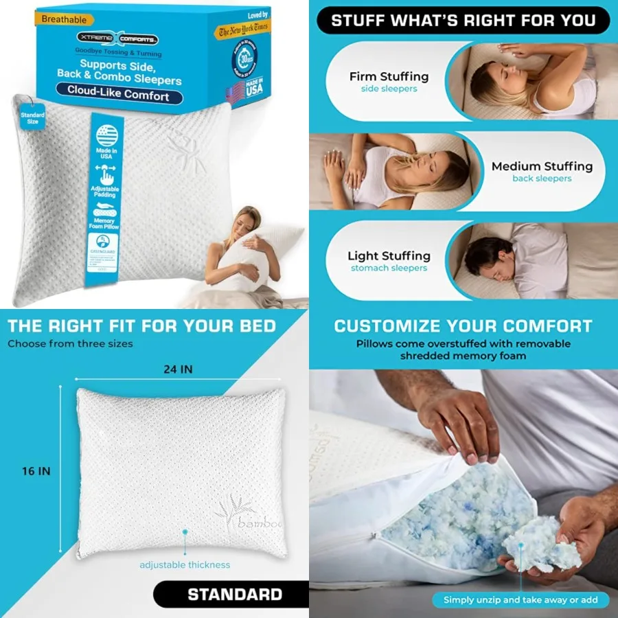 

Bed Pillow for Sleeping Adjustable Shredded Memory Foam Pillows with Removable Cooling Cover Fluffy Pillows Support for Side, B