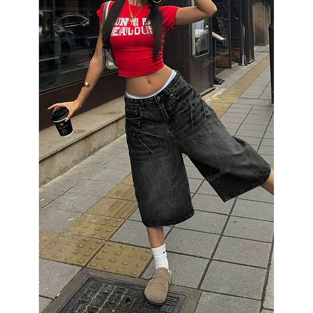 

European American New Fashion Women's Loose Wide Leg Calf Length Simple Basic Daily Denim Trousers Female Pants Bottom Clothes