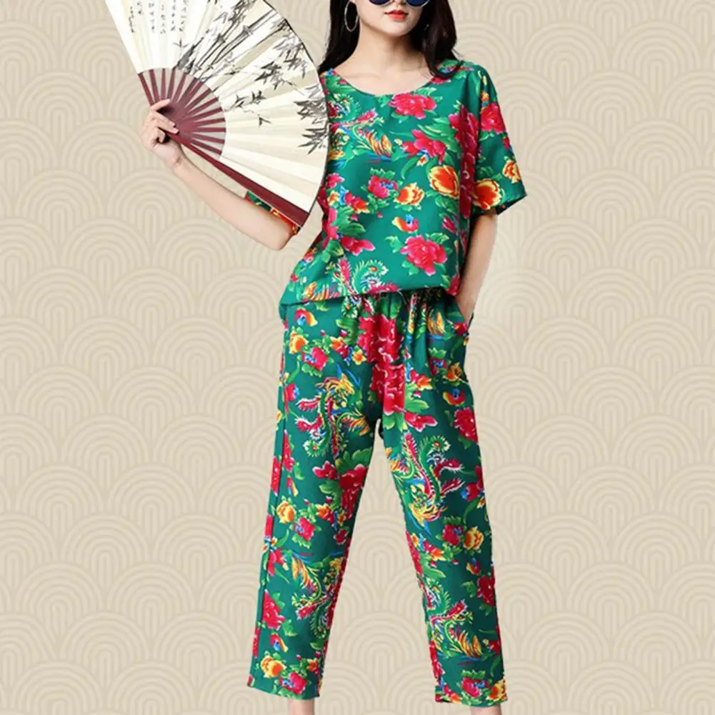 

big flower cloth suit men and women with the same big flower pants Traditional Ethnic Wind Two-piece Home Clothes