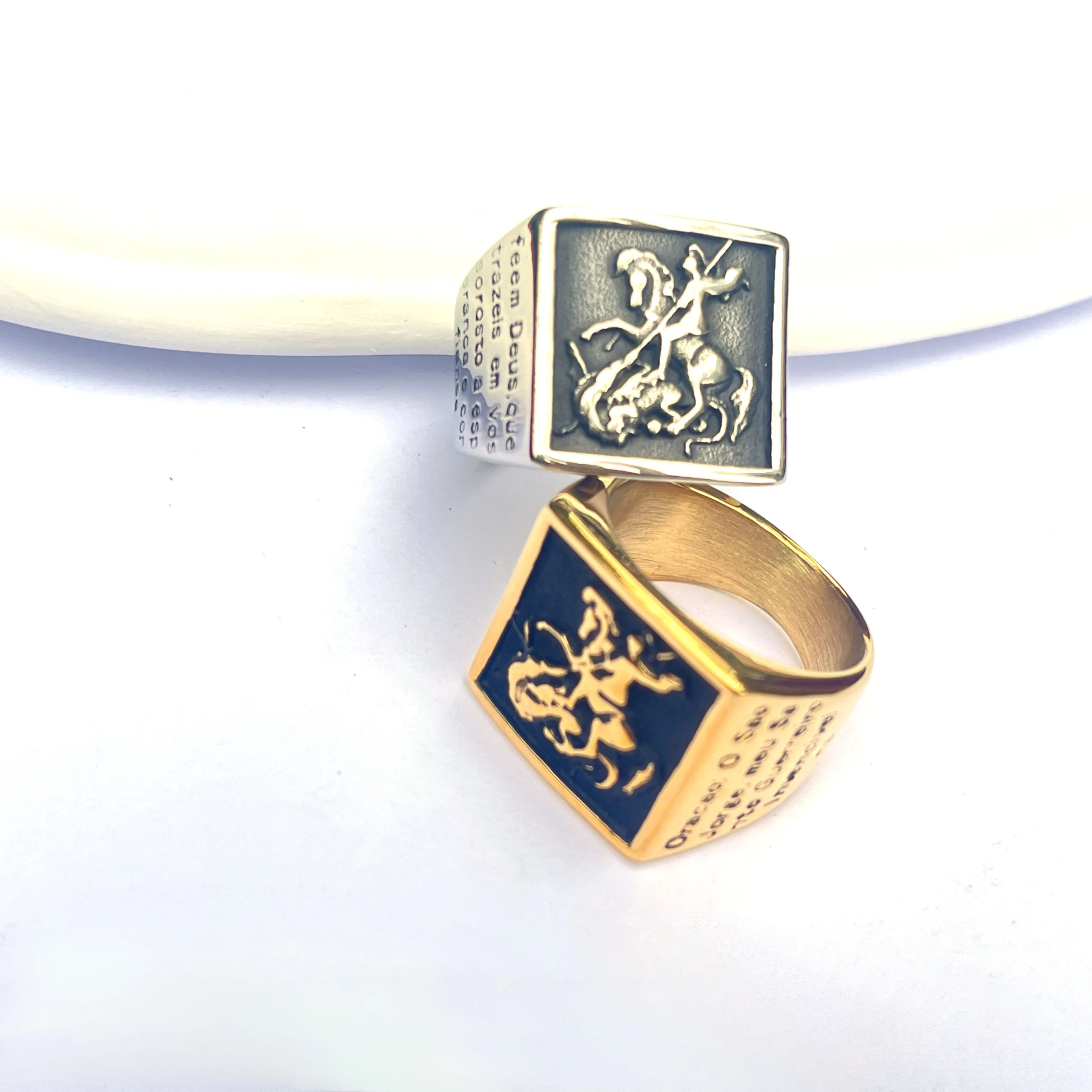 Knight Dragon Slaying Totem 18K Gold Plated Stainless Steel Fashion Jewelry Rings Male Mens Ring