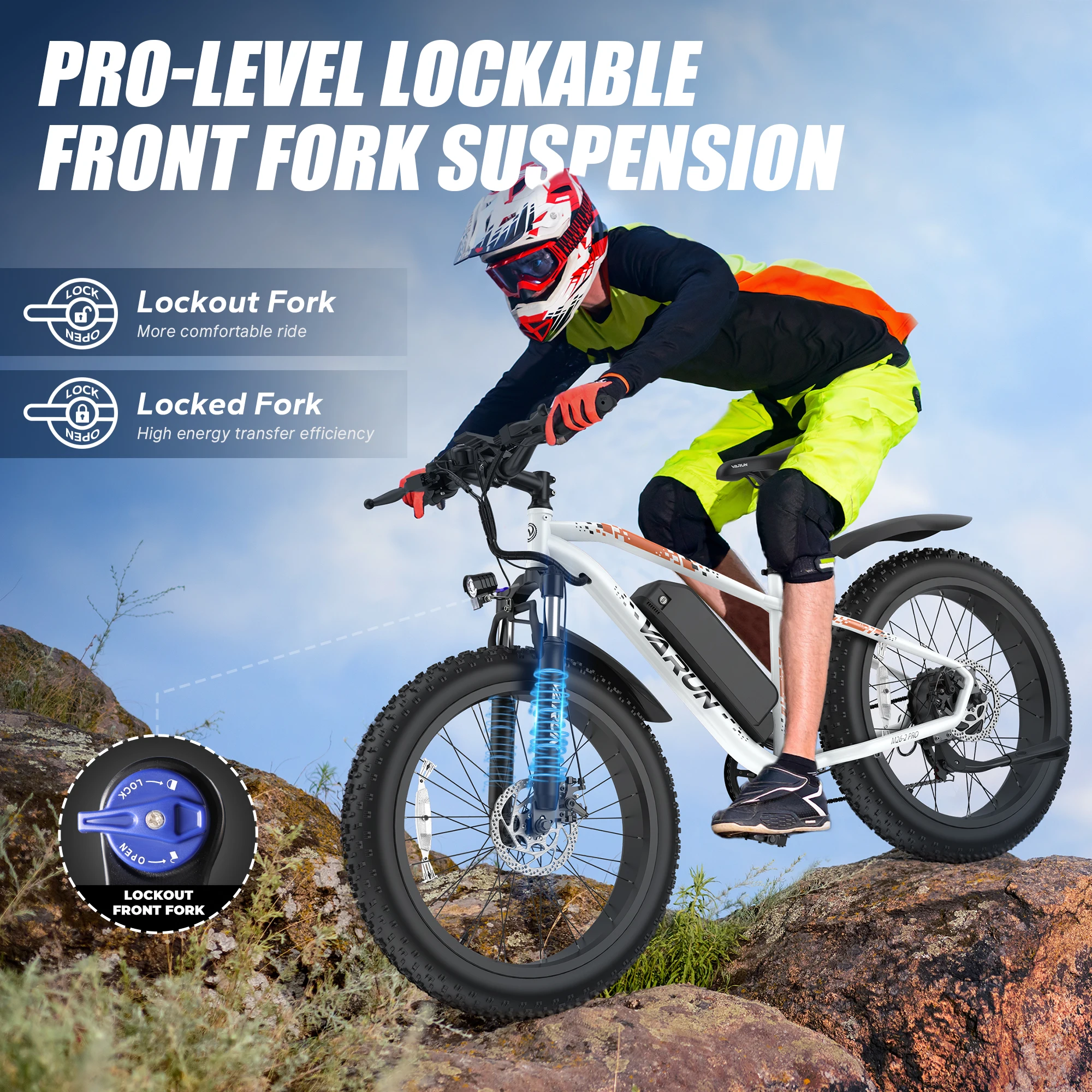 【รับประกัน 1 ปี】จักรยานไฟฟ้าสำหรับผู้ใหญ่ Varun M26-2 PRO, กำลังไฟสูงสุด 750 วัตต์, แบตเตอรี่ 48V 13Ah, ยาง Fat Tire ขนาด 26x4 นิ้ว, ความเร็วสูงสุด 25 ไมล์ต่อชั่วโมง, จักรยานไฟฟ้ามาตรฐาน UL 2849