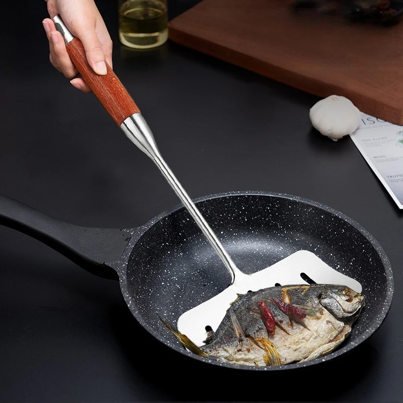 Edelstahl Fisch Braten Spachtel Ei Pan Scoop Anti-Verbrühungen Lange Holz Griff Steak Schlitz Flache Schaufel Küche Kochen werkzeuge