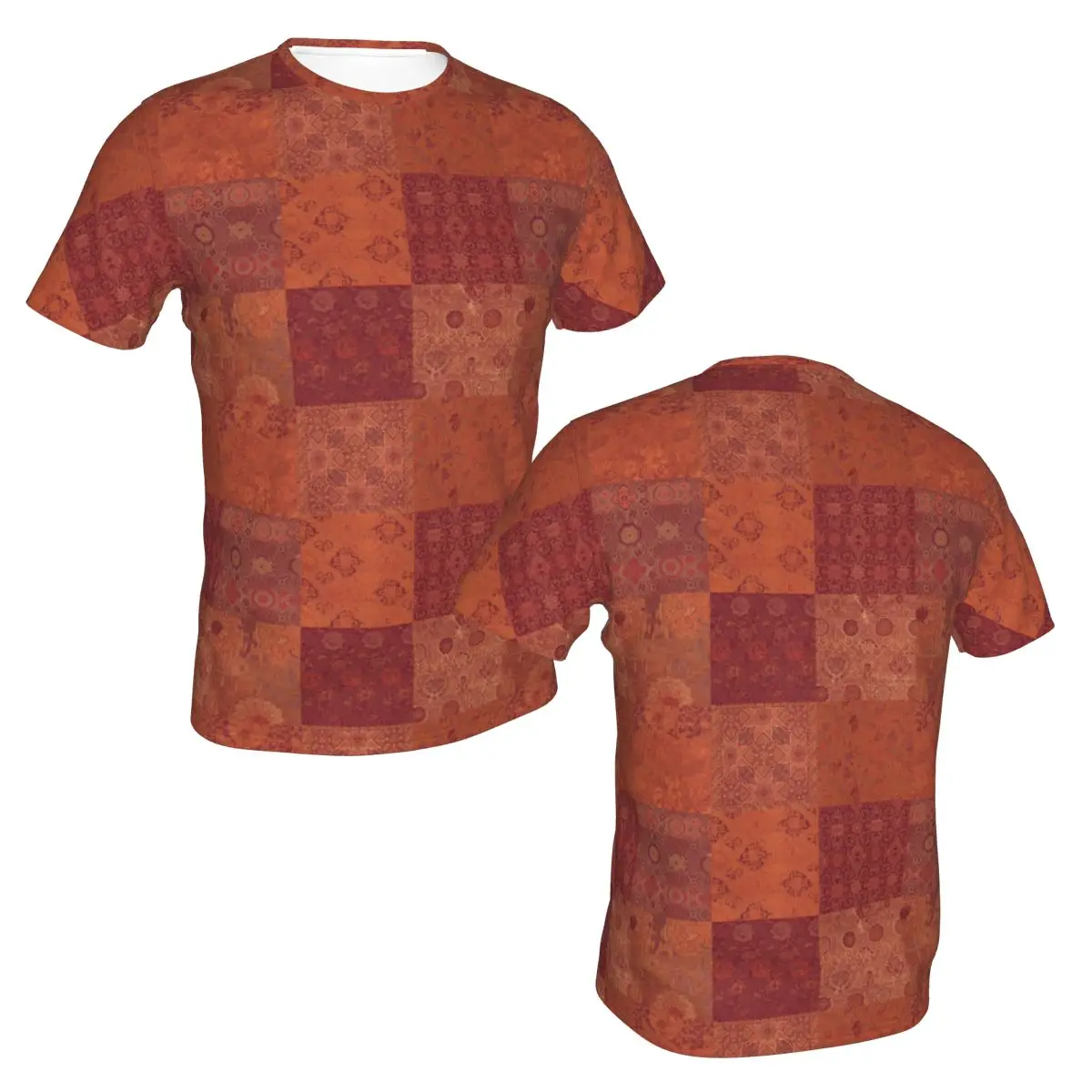 100% Cotton Vintage Bohemian Quilt In Burnt Orange T-Shirt Men's Classic T Shirt Men Crew Neck Summer Shirts Tops