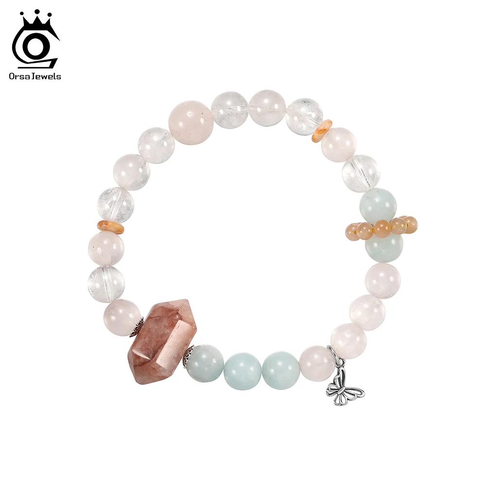 

ORSA JEWELS Браслет из розового кварца и лунного камня, серебро S925, лечебный браслет из натуральных камней на эластичной нити, GMB93