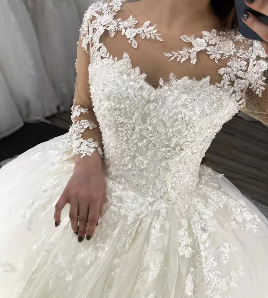 Robe de Mariée Princesse en Dentelle Florale à Manches sulfet Col Transparent, Paillettes, pour Patients, 2023