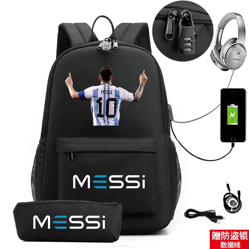 Messi Backpack Lightweight Laptop Male Casual USB Youth Travel Backbag Teens Outdoor Sport Bag Student Schoolbags